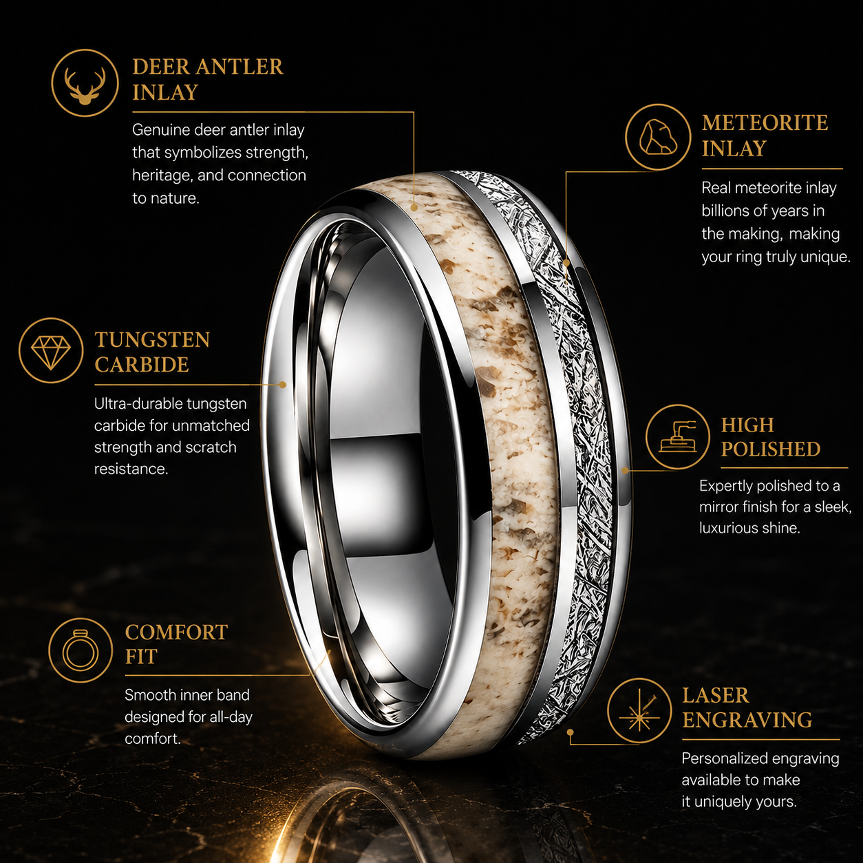 Silver Tungsten Ring with Deer Antler and Meteorite Inlay