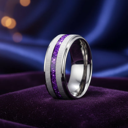 Silver Tungsten Ring with Purple Crystal Inlay 