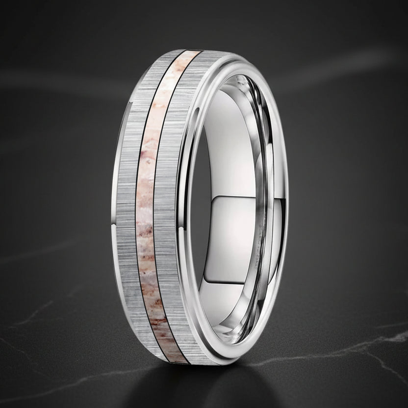Silver Tungsten Ring 6mm – Zebra Wood & Antler Inlay