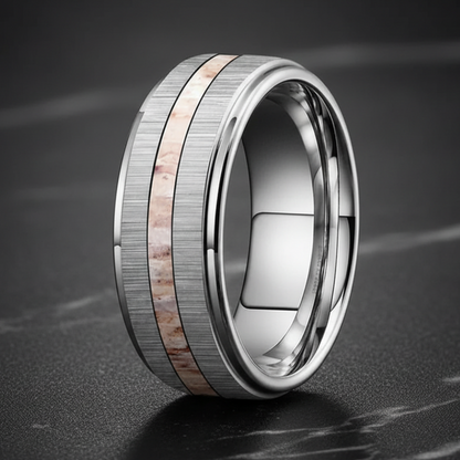 Silver Tungsten Ring 8mm – Zebra Wood & Antler Inlay