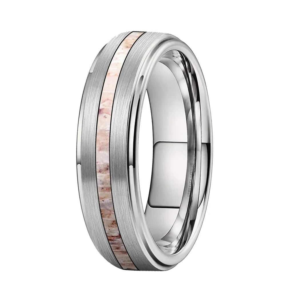Silver Tungsten Ring 6mm – Zebra Wood & Antler Inlay
