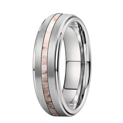 Silver Tungsten Ring 6mm – Zebra Wood & Antler Inlay