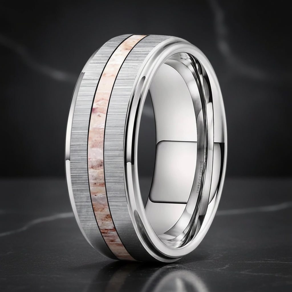 Silver Tungsten Ring 8mm – Zebra Wood & Antler Inlay