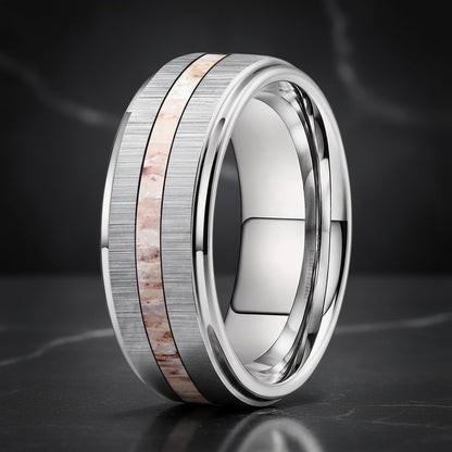 Silver Tungsten Ring 8mm – Zebra Wood & Antler Inlay