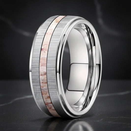 Silver Tungsten Ring 8mm – Zebra Wood & Antler Inlay