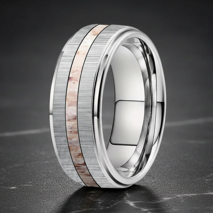 Silver Tungsten Ring – Zebra Wood & Antler Inlay