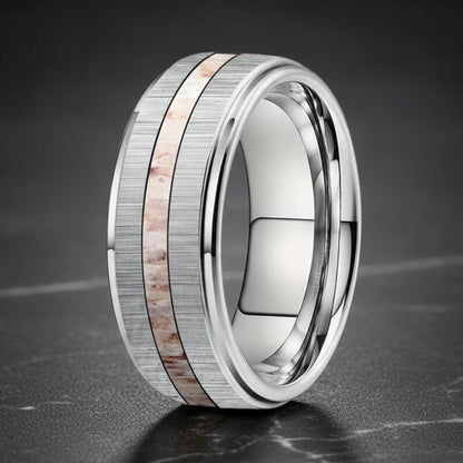 Silver Tungsten Ring – Zebra Wood & Antler Inlay