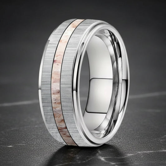 Silver Tungsten Ring – Zebra Wood & Antler Inlay