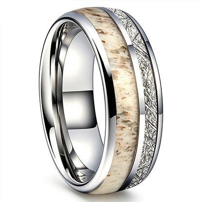 Silver Tungsten Ring with Deer Antler and Meteorite Inlay