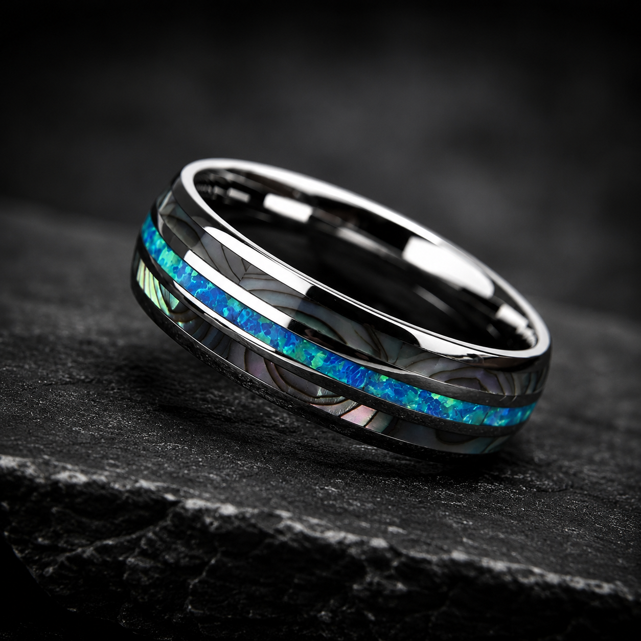 Silver Tungsten Ring with Abalone Shell