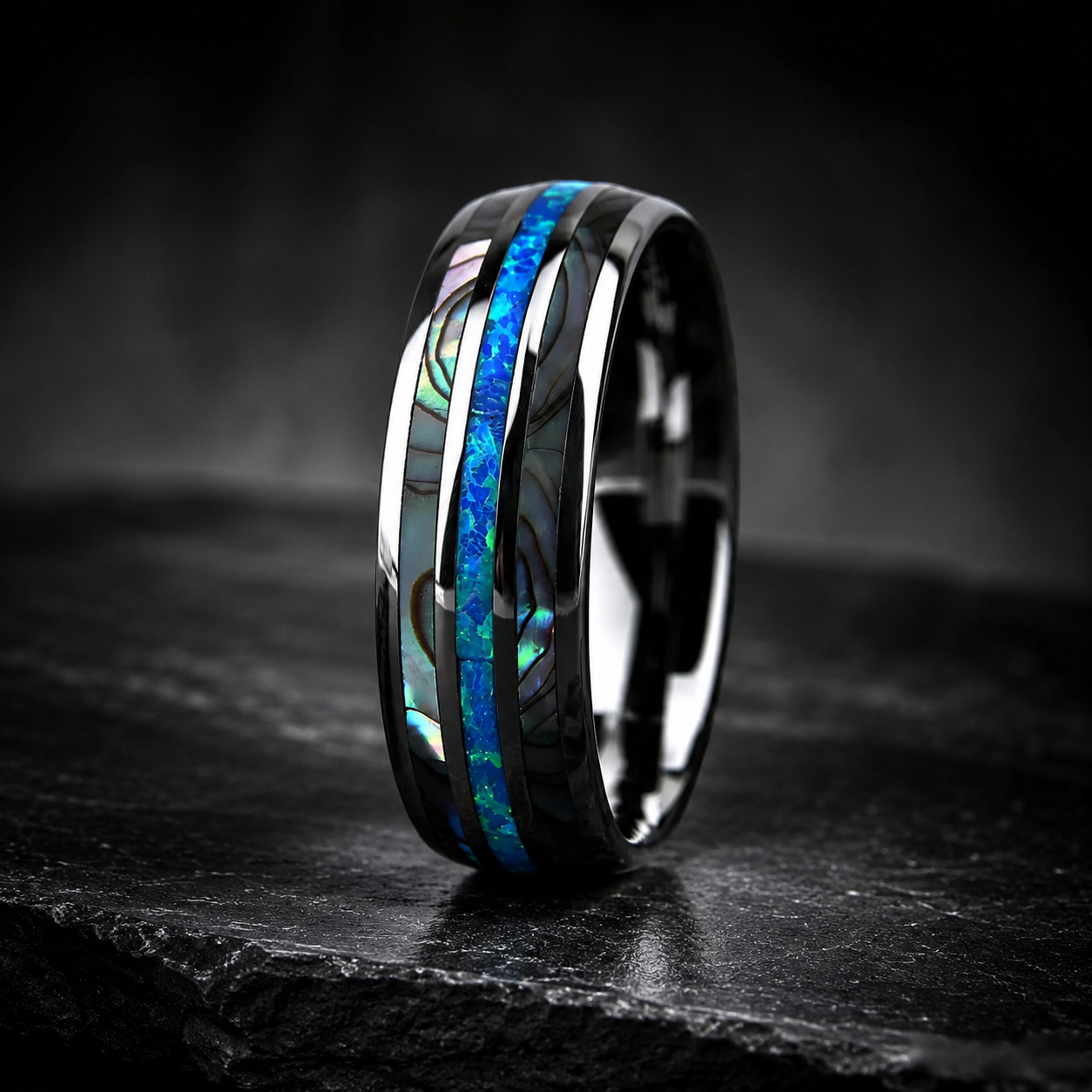 Silver Tungsten Ring with Abalone Shell