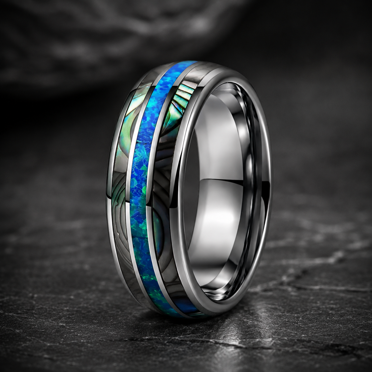 Silver Tungsten Ring with Abalone Shell