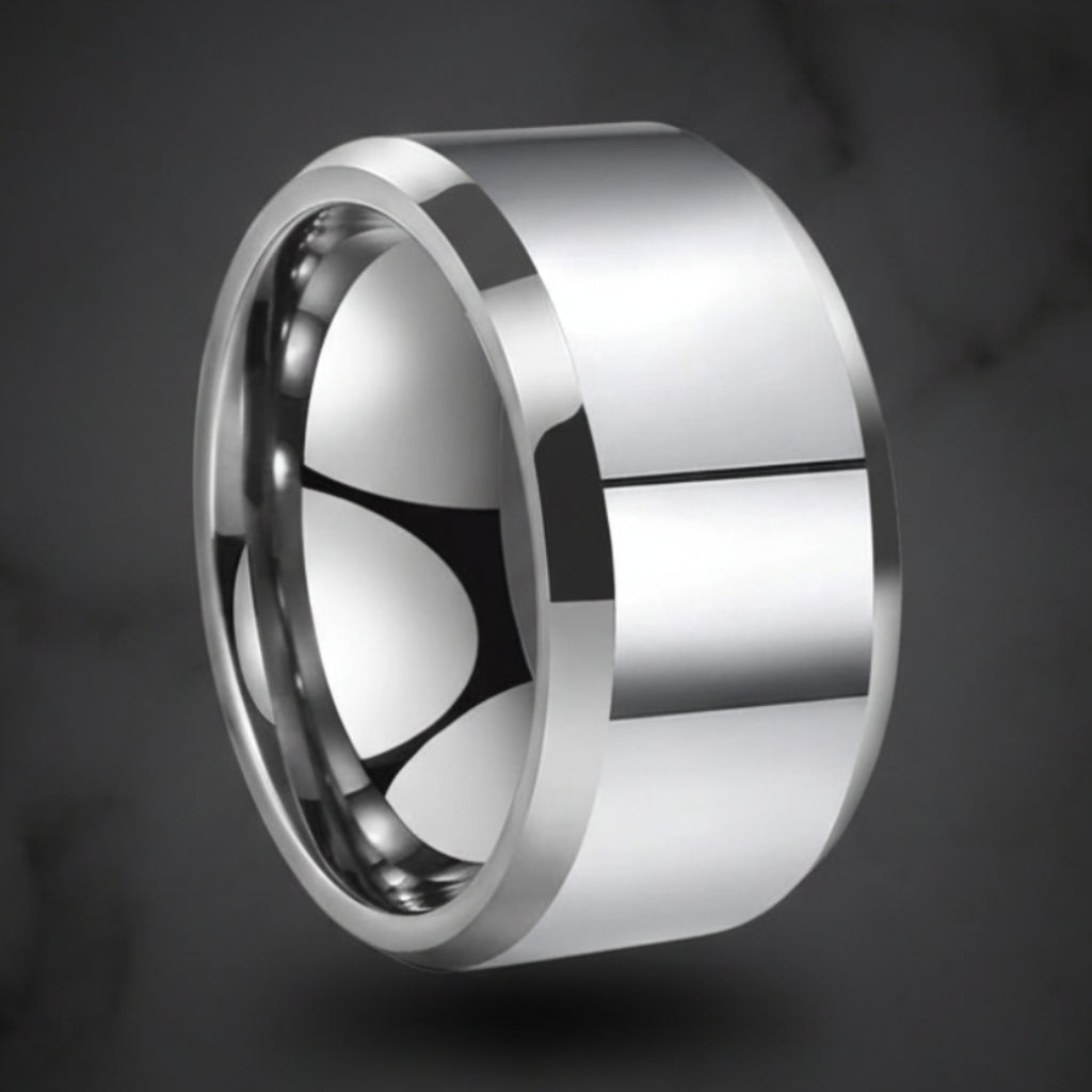 The Iron Monarch™ – Silver Tungsten Ring with Beveled Edges (12mm)