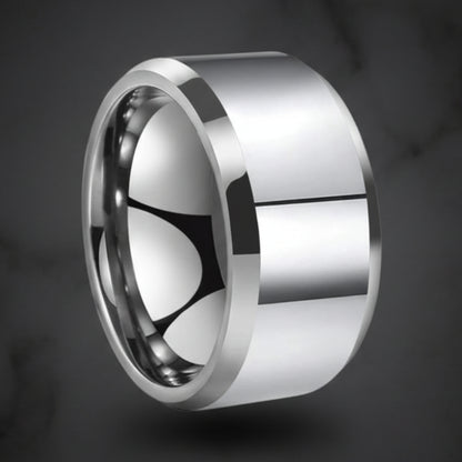 The Iron Monarch™ – Silver Tungsten Ring with Beveled Edges (12mm)