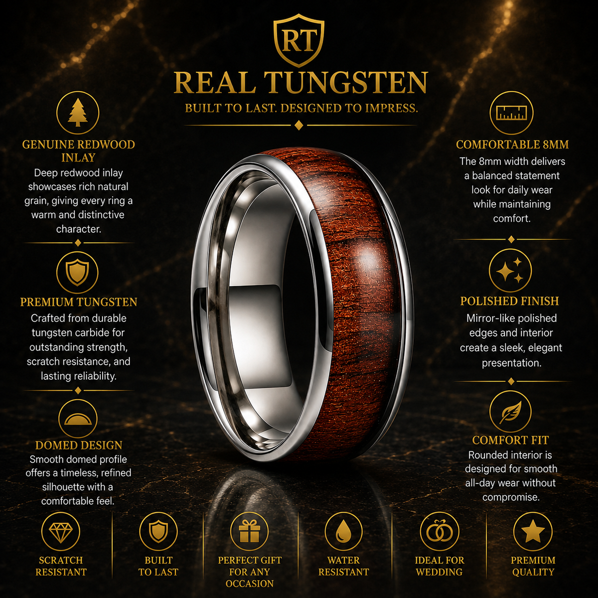 Silver Tungsten Ring with Deep Redwood Inlay