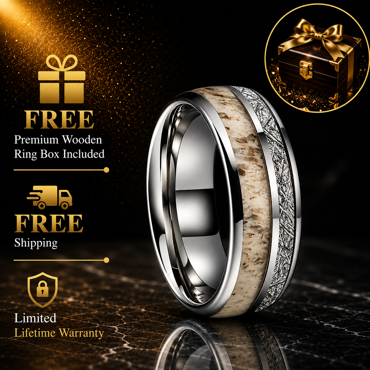 Silver Tungsten Ring with Deer Antler and Meteorite Inlay