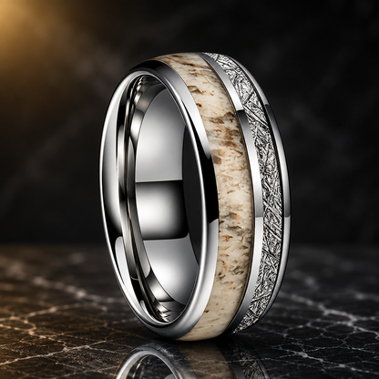 Silver Tungsten Ring with Deer Antler and Meteorite Inlay