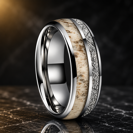 Silver Tungsten Ring with Deer Antler and Meteorite Inlay