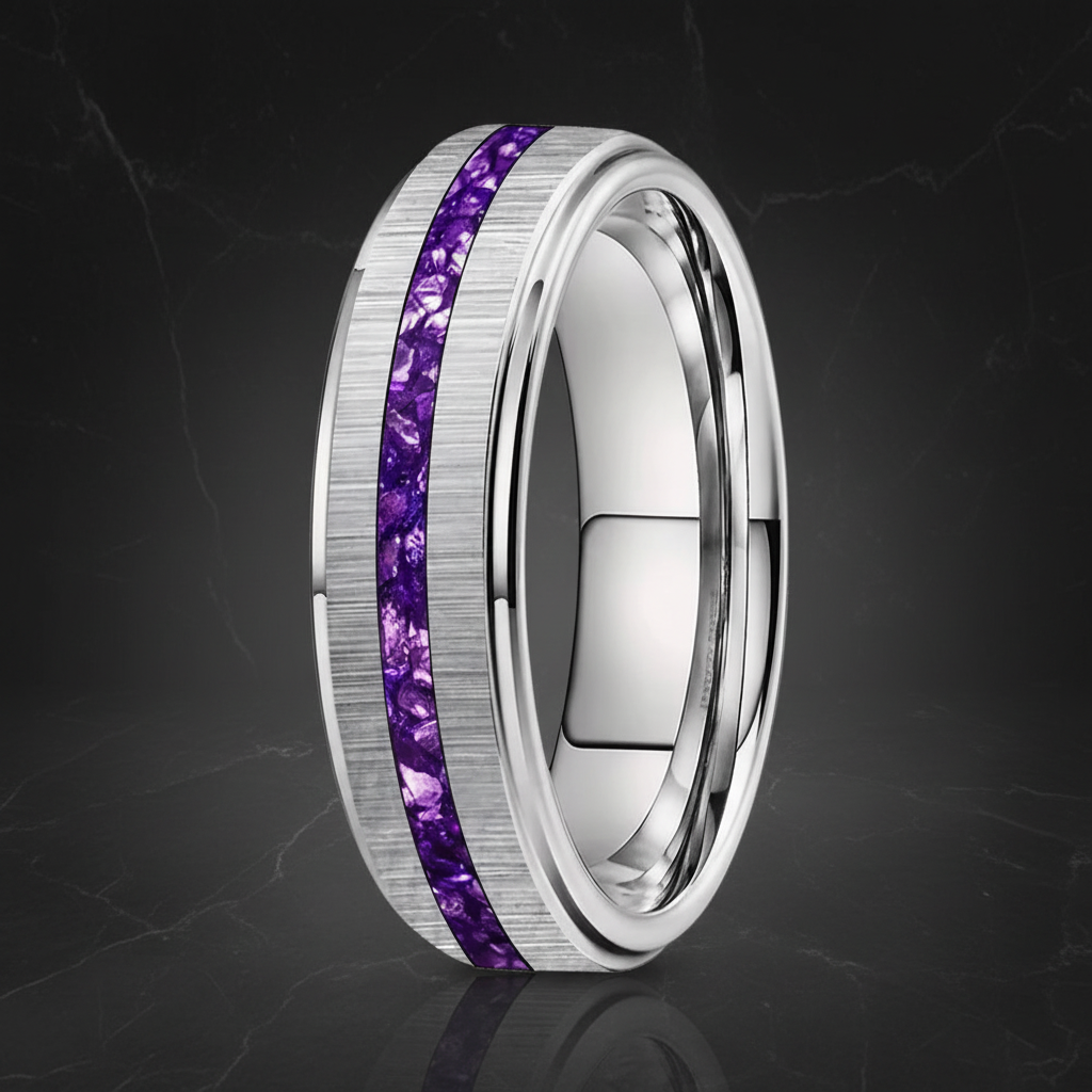Silver Tungsten Ring with Purple Crystal Inlay 