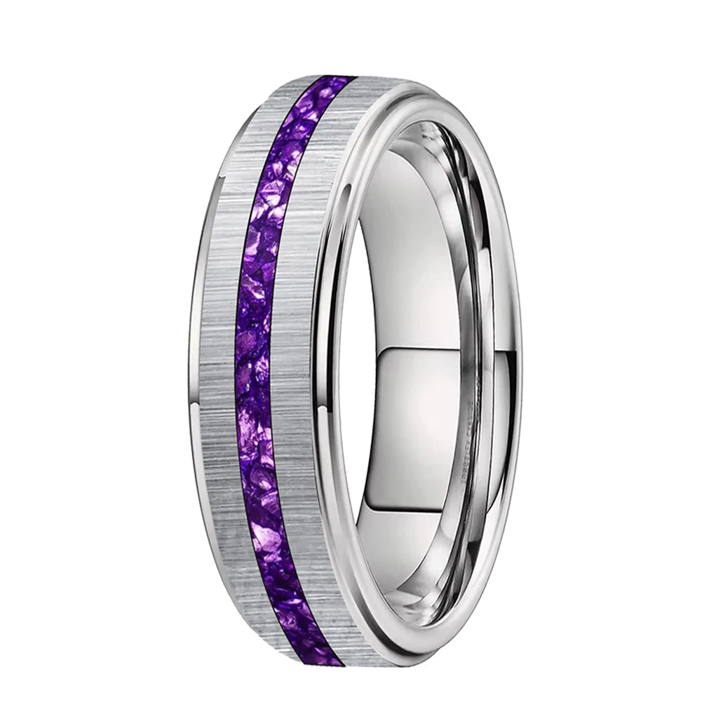 Silver Tungsten Ring with Purple Crystal Inlay 
