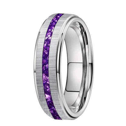 Silver Tungsten Ring with Purple Crystal Inlay 