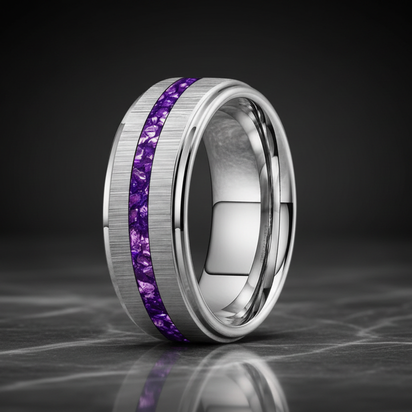 Silver Tungsten Ring with Purple Crystal Inlay 