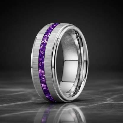 Silver Tungsten Ring with Purple Crystal Inlay 
