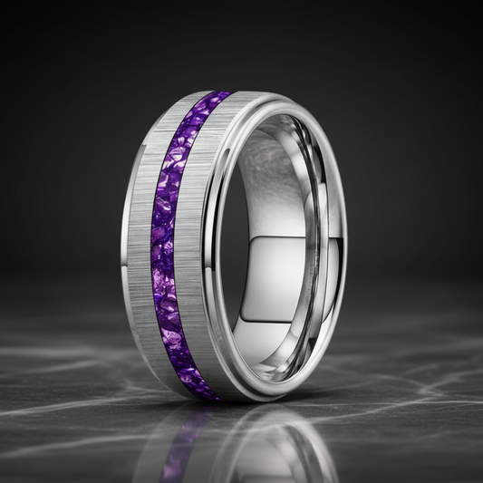 Silver Tungsten Ring with Purple Crystal Inlay 
