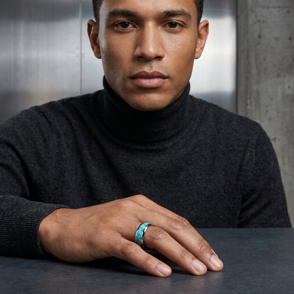 Silver Tungsten Ring with Turquoise Inlay