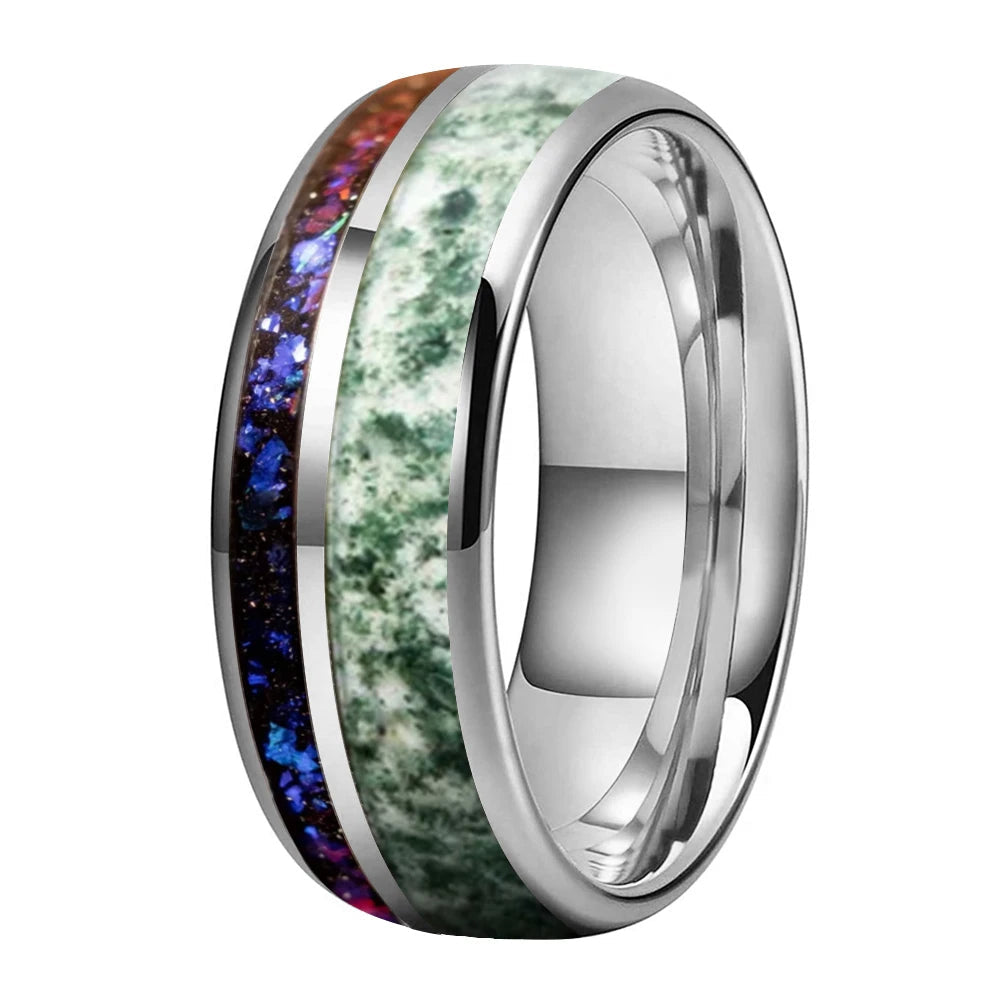 Silver Tungsten ring with green and purple inlay