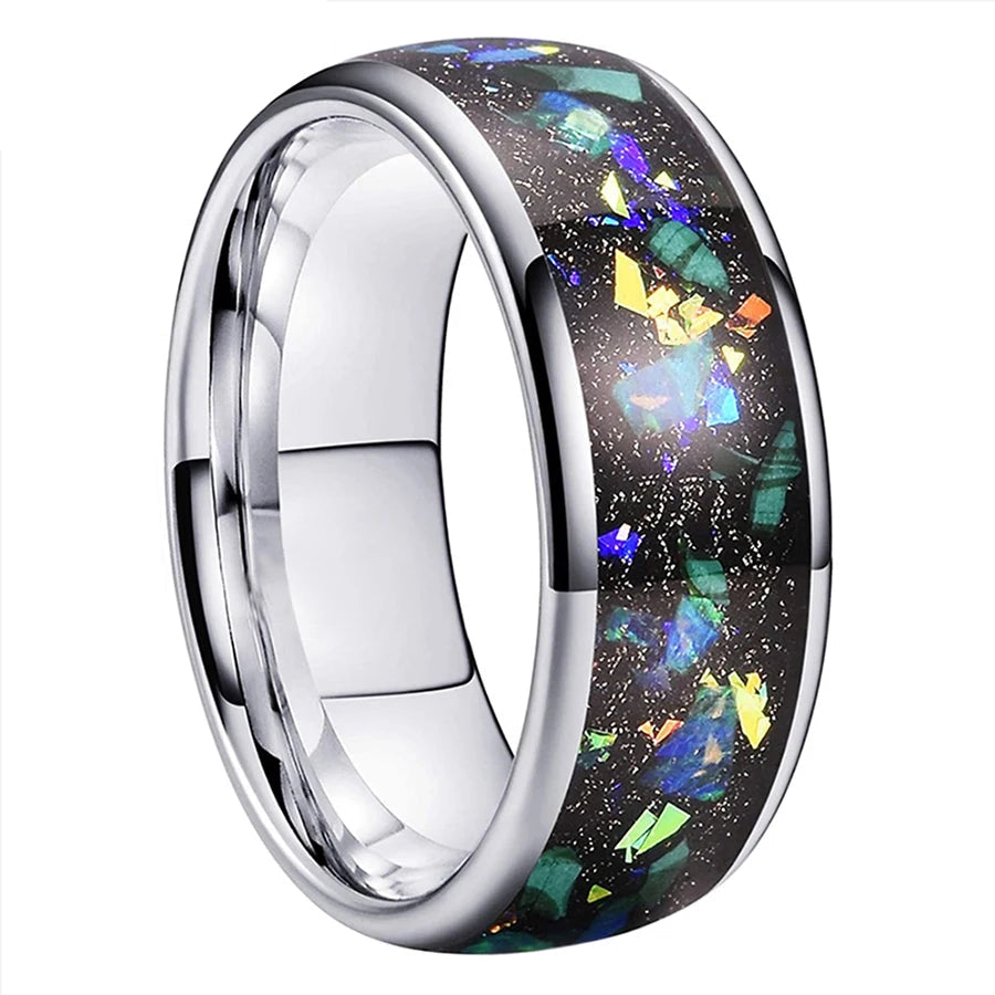 Silver Tungsten ring with multicolored stone inlay