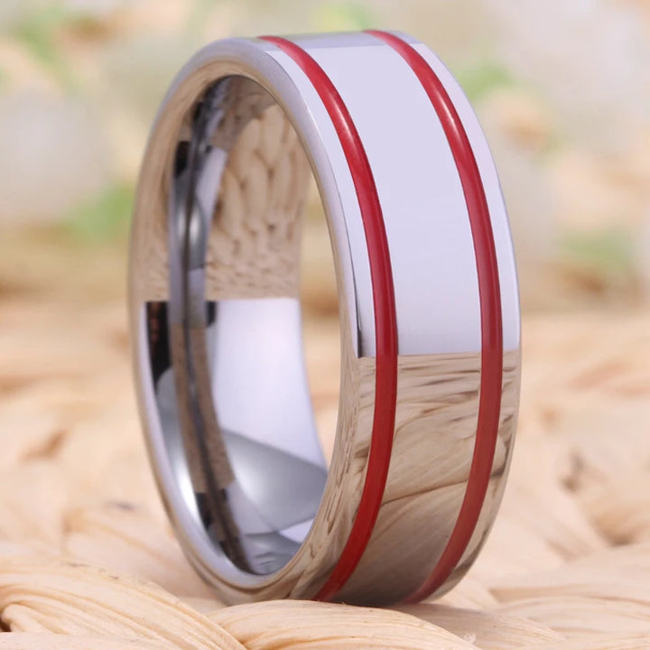 Silver With 2 Red Lines Tungsten Ring