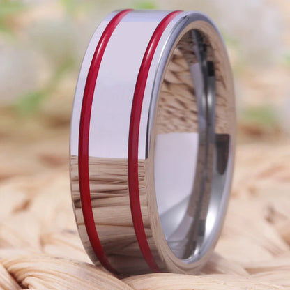Silver With 2 Red Lines Tungsten Ring