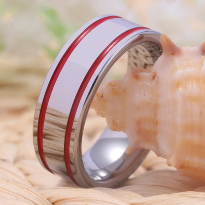 Silver With 2 Red Lines Tungsten Ring