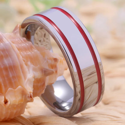 Silver With 2 Red Lines Tungsten Ring