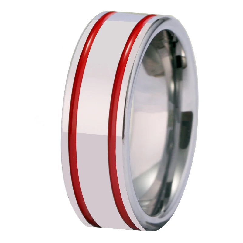 Silver With 2 Red Lines Tungsten Ring