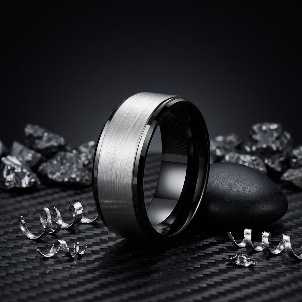 Silver and Black Tungsten Ring with Stepped Beveled Edges