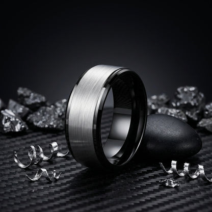 Silver and Black Tungsten Ring with Stepped Beveled Edges