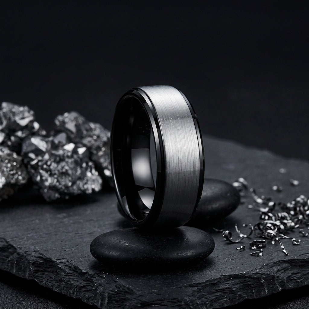 Silver and Black Tungsten Ring with Stepped Beveled Edges