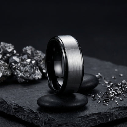 Silver and Black Tungsten Ring with Stepped Beveled Edges