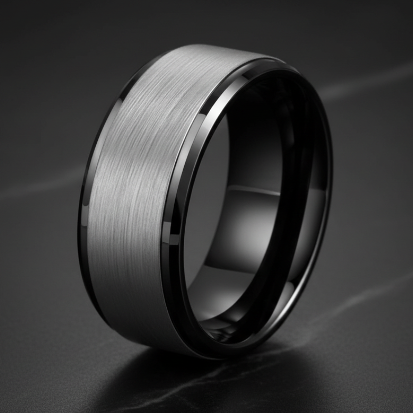 Silver and Black Tungsten Ring with Stepped Beveled Edges