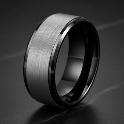 Silver and Black Tungsten Ring with Stepped Beveled Edges