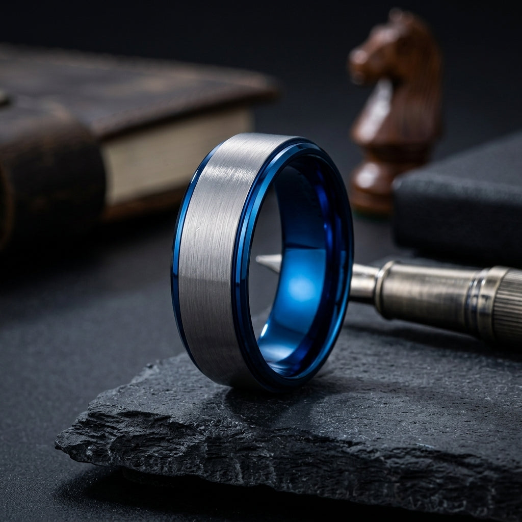 Silver and Blue Tungsten Ring