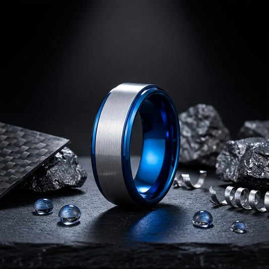 Silver and Blue Tungsten Ring for men