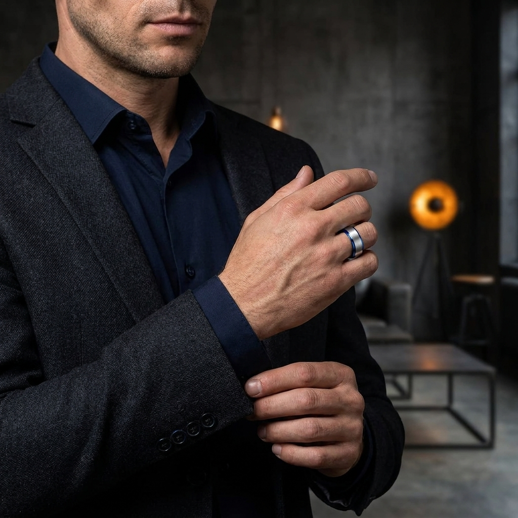 Silver and Blue Two-Tone Matte Brushed Tungsten Wedding Band