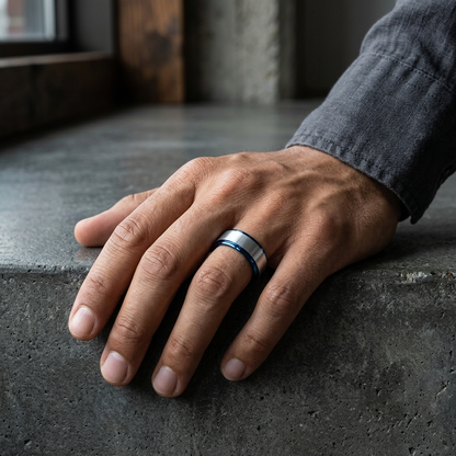 Silver and Blue Two-Tone Matte Brushed Tungsten Wedding Band