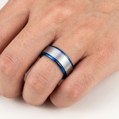 Silver and Blue Two-Tone Matte Brushed Tungsten Wedding Band