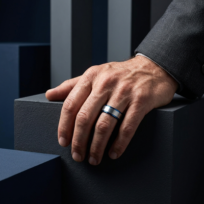 Silver and Blue Two-Tone Matte Brushed Tungsten Wedding Band