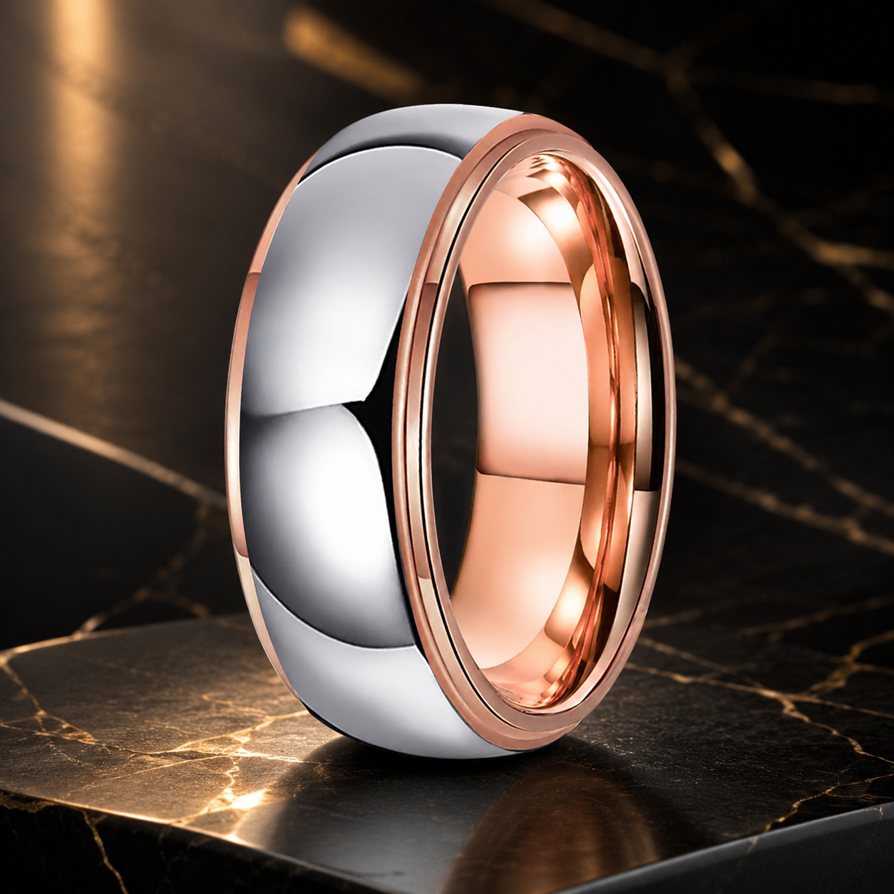 Silver and Rose Gold Stepped Tungsten Wedding Band