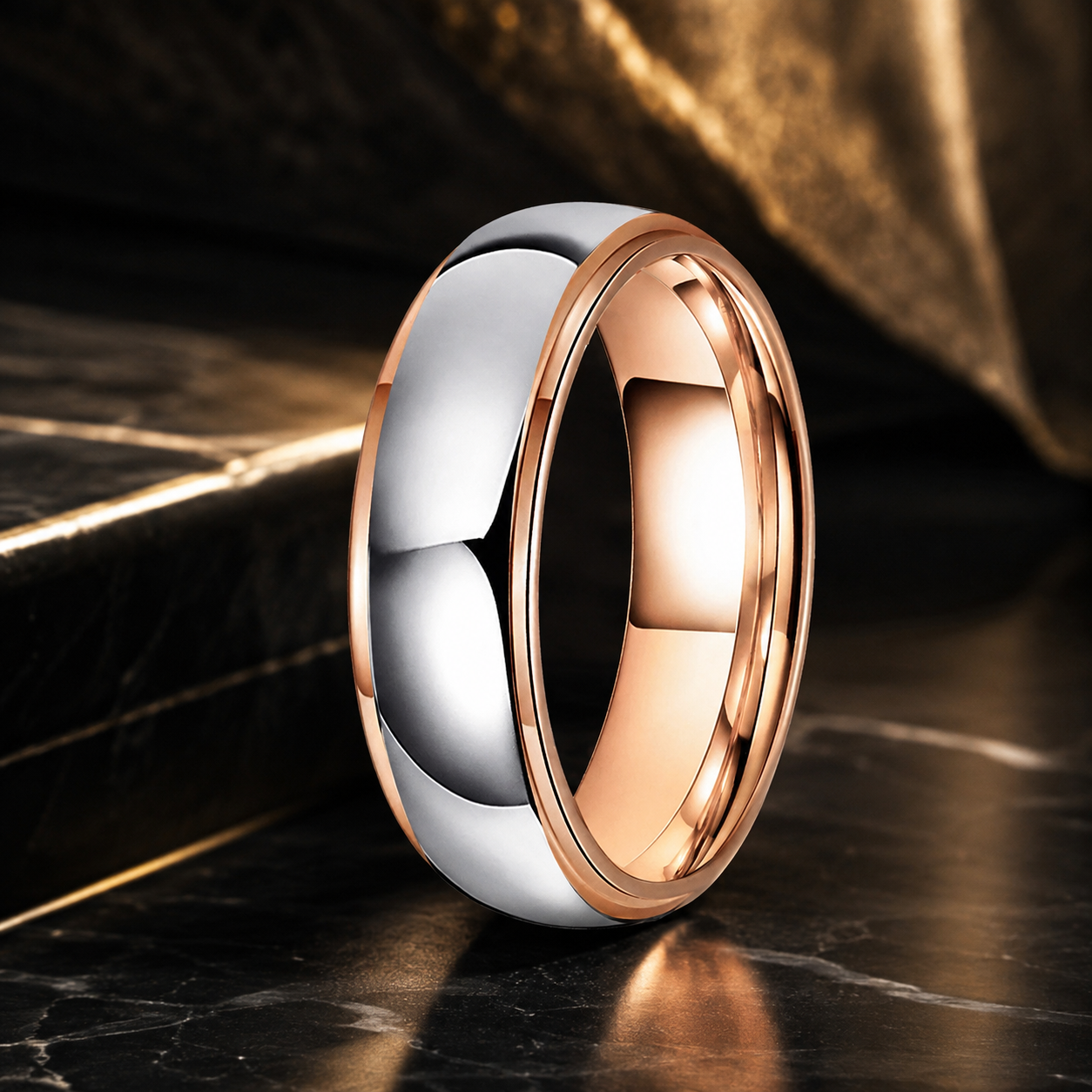 Silver and Rose Gold Stepped Tungsten Wedding Band